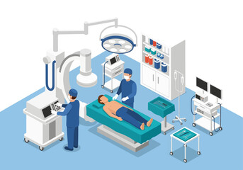 Isometric vector illustration of a modern hospital operating room with surgeons preparing a patient, surrounded by advanced medical equipment, monitors, and surgical tools in a clean design