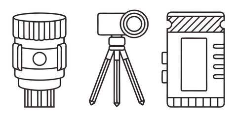 A camera lens, tripod with camera, and film canister are shown in a line drawing.