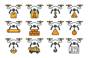 Naklejka premium Autonomous delivery drones performing various tasks and operations.