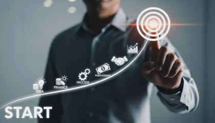 Business Strategy Start to Success Man Targets Growth Innovation and Partnership in Digital Transformation with Finance