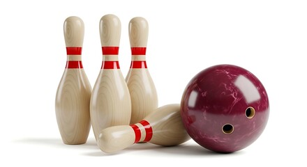 Bowling pins and ball arranged for a strike on a white background