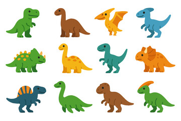 Colorful cartoon dinosaurs collection: t-rex, triceratops, brachiosaurus, stegosaurus, pterodactyl.
