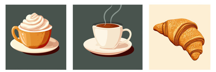 Whipped cream topped coffee cup with saucer, steaming black coffee cup with saucer, golden flaky croissant pastry isolated on colored backgrounds vector illustration set