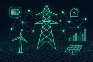 Futuristic energy grid concept visualizing renewable sources including wind and solar power, showcasing electric tower and data analytics for sustainable living solutions