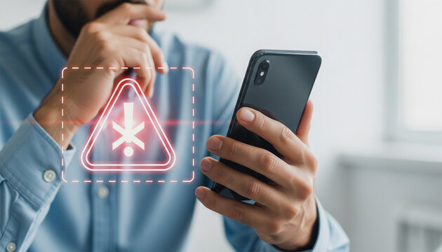 Man Frustrated with Malware Alert on Smartphone Security Breach Data Privacy App Threat Risk Assessment Mobile Device