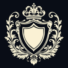 Obraz premium Elegant vintage heraldic shield with ornate royal crown and detailed floral ornament in classic minimalist vector style