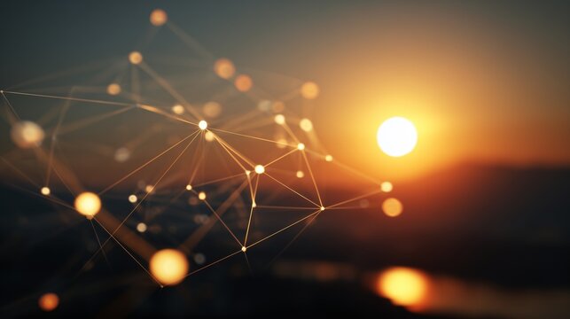 As the golden sun sets, a network of glowing nodes emerges, illustrating the interconnectedness of technology and nature. These illuminated nodes highlight the beautiful transition