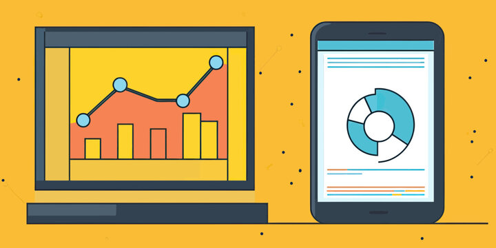 Flat minimalist vector of analytics dashboard with bar and line graph on laptop screen and pie chart report on mobile device screen for business data visualization and SEO performance tracking