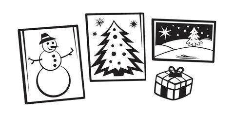 A collection of festive Christmas-themed drawings including a snowman, a Christmas tree, a winter landscape, and a gift.