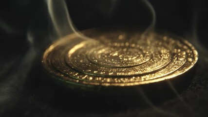 A detailed shot of an ornate golden disc, with steam rising around it and soft light - Powered by Adobe