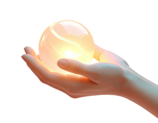 Digitally rendered human hand cradles a glowing, luminous orb against a dark background