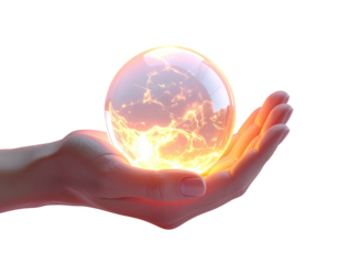 A translucent, glowing orb, filled with swirling light, is held gently in a cupped hand