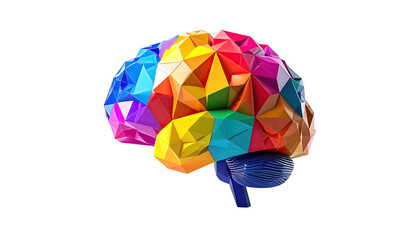 A geometric-style human brain illustration featuring multi-colored low poly segments