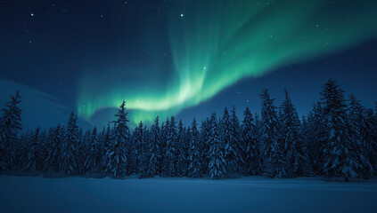 Stunning aurora borealis glowing in vibrant green hues above a deep, snow-covered pine forest. A serene winter night landscape capturing the beauty of the northern lights