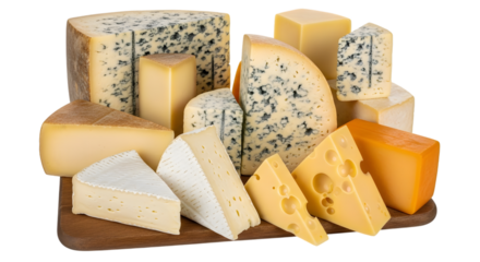 Assortment of cheese wedges and blocks including blue cheese and swiss cheese on a wooden board isolated on a transparent background