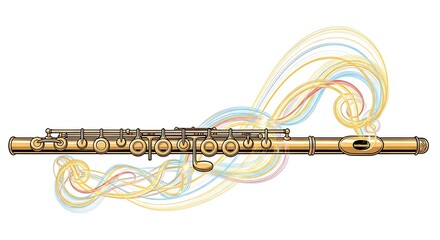 Golden Flute with Colorful Musical Notes and Swirls.
