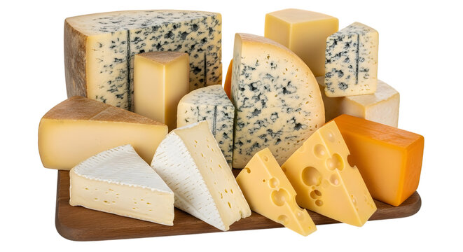 Assortment of cheese wedges and blocks including blue cheese and swiss cheese on a wooden board isolated on a transparent background - Powered by Adobe