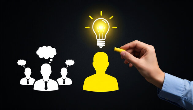 Ideas Collaboration Innovation Bright Light Bulb Moment Above Yellow Creative Person Icon Drawing On Dark Background - Powered by Adobe