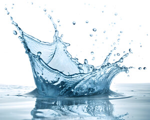 Clear water splashing upwards creating a crown shape on a reflective surface indoors