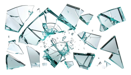 Transparent, shattered glass fragments, isolated on black background, showcasing intricate cracks