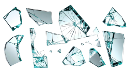Shattered transparent glass pieces on a solid black background, showing cracks and reflections