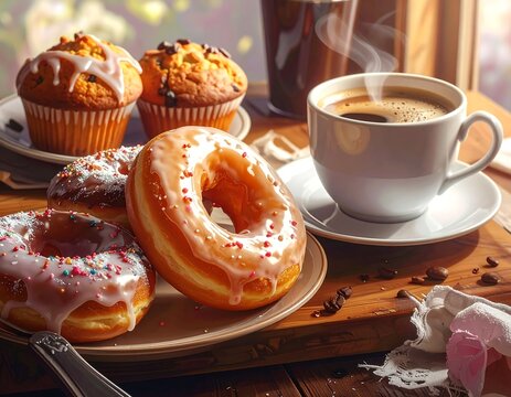 A tempting display of donuts and muffins on a wooden table, paired with hot coffee in a white cup - Powered by Adobe