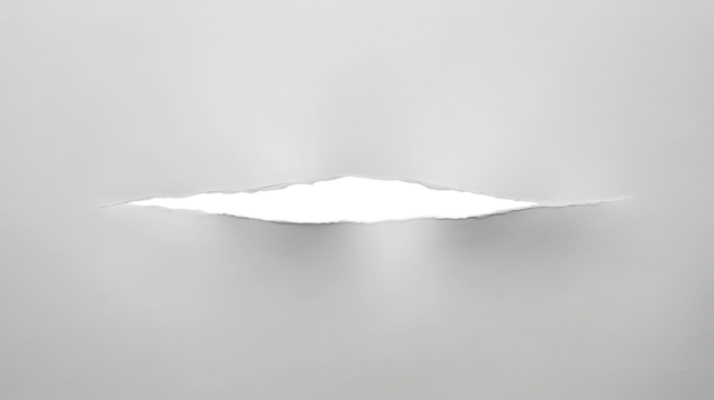 A horizontal rip or tear in white paper revealing a dark void or shadow underneath isolated on transparent background