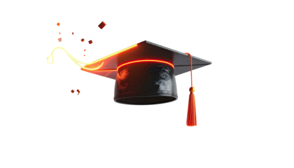 Illuminated graduate cap with orange neon trim and tassel, dark background with small glowing elements