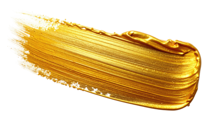 A lustrous, shimmering brushstroke of golden pigment on a black background