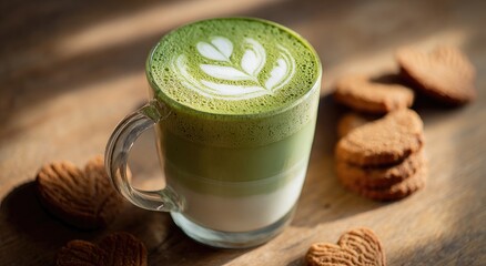 Green tea latte in glass mug, heart-shaped cookies