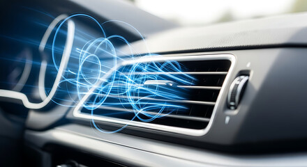 Automotive ventilation system providing cool airflow with a blue swirl graphic effect