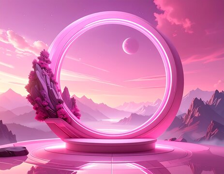 Pink futuristic scenery with a circular neon frame, overlooking mountains, water, a futuristic stage with a tree
