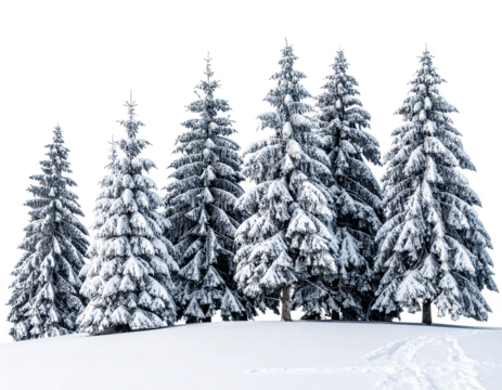 Snow covered pine trees isolated on transparent background.