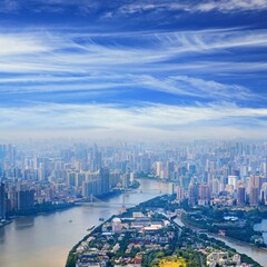Guangzhou city with Pearl River, Haiyin Bridge, Ersha Island in Yuexiu district and Henan Island in Haizhu district. Guangzhou cityscape in Guangdong, China.