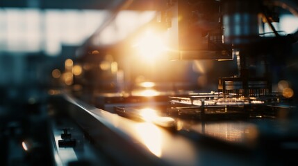 In the factory, the machinery operates as the warm sunlight shines through, illuminating the detailed assembly of printed circuit boards. The printed circuit boards reflect the glo