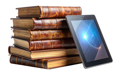 A stack of aged hardcover books next to a modern tablet with a bright, glowing screen