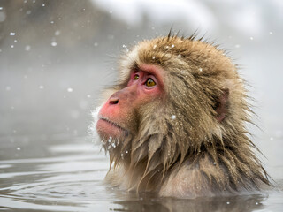 Japanese macaque soaking in hot spring during snowfall looking up in a snowy environment