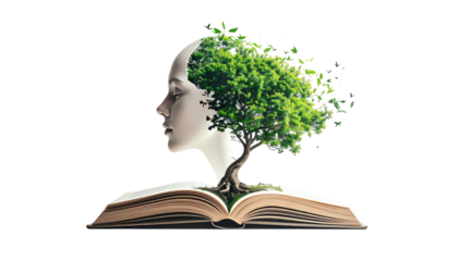 Surreal image of a human head merged with a tree sprouting from an open book