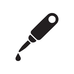 A simple black and white illustration of a dropper with a single drop falling from the tip of it