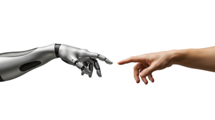 Human and robot hands touching symbolizing connection and artificial intelligence