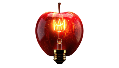 A shiny red apple with a glowing lightbulb inside against a black background