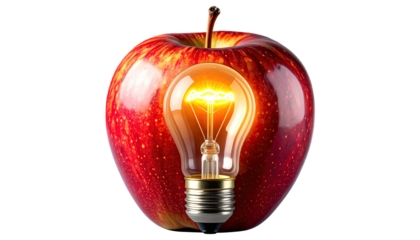 A red apple with a glowing lightbulb in front, symbolizing creativity and smart ideas