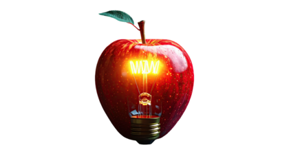 Vivid red apple with a glowing lightbulb core, emitting bright light. Dark backdrop