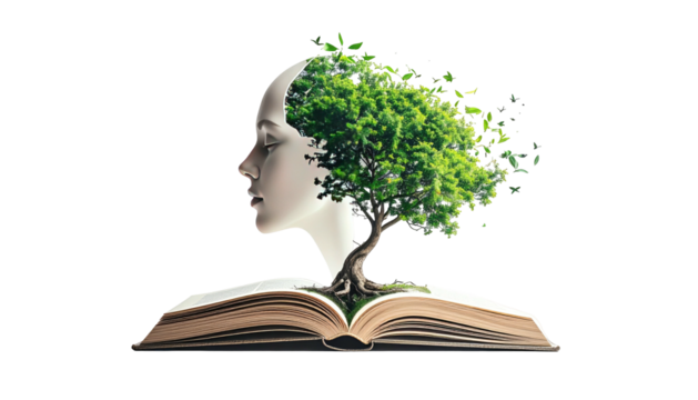 Surreal image of a human head merged with a tree sprouting from an open book