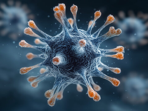 Close-up of a blue virus on a blurred background. Highly detailed illustration of a virus.  Focus on a single virus.