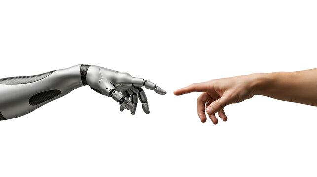 Human and robot hands touching symbolizing connection and artificial intelligence
