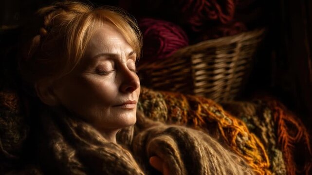 A woman with closed eyes rests under a blanket, with yarn and a basket in the background