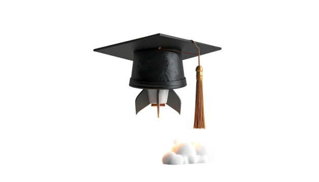 A 3D rendered image of a graduation mortarboard atop a rocket, launching with clouds