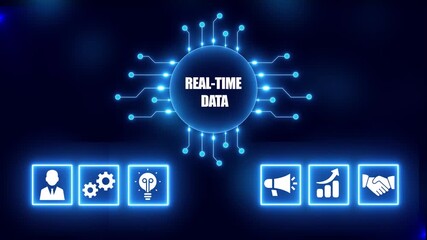 Digital network hub displays real-time data with connected business icons on dark blue background technology - Powered by Adobe