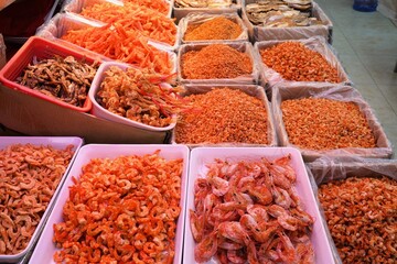 Dried shrimp and prawns at a seafood market in Yuexiu District, Guangzhou city in Guangdong, China.